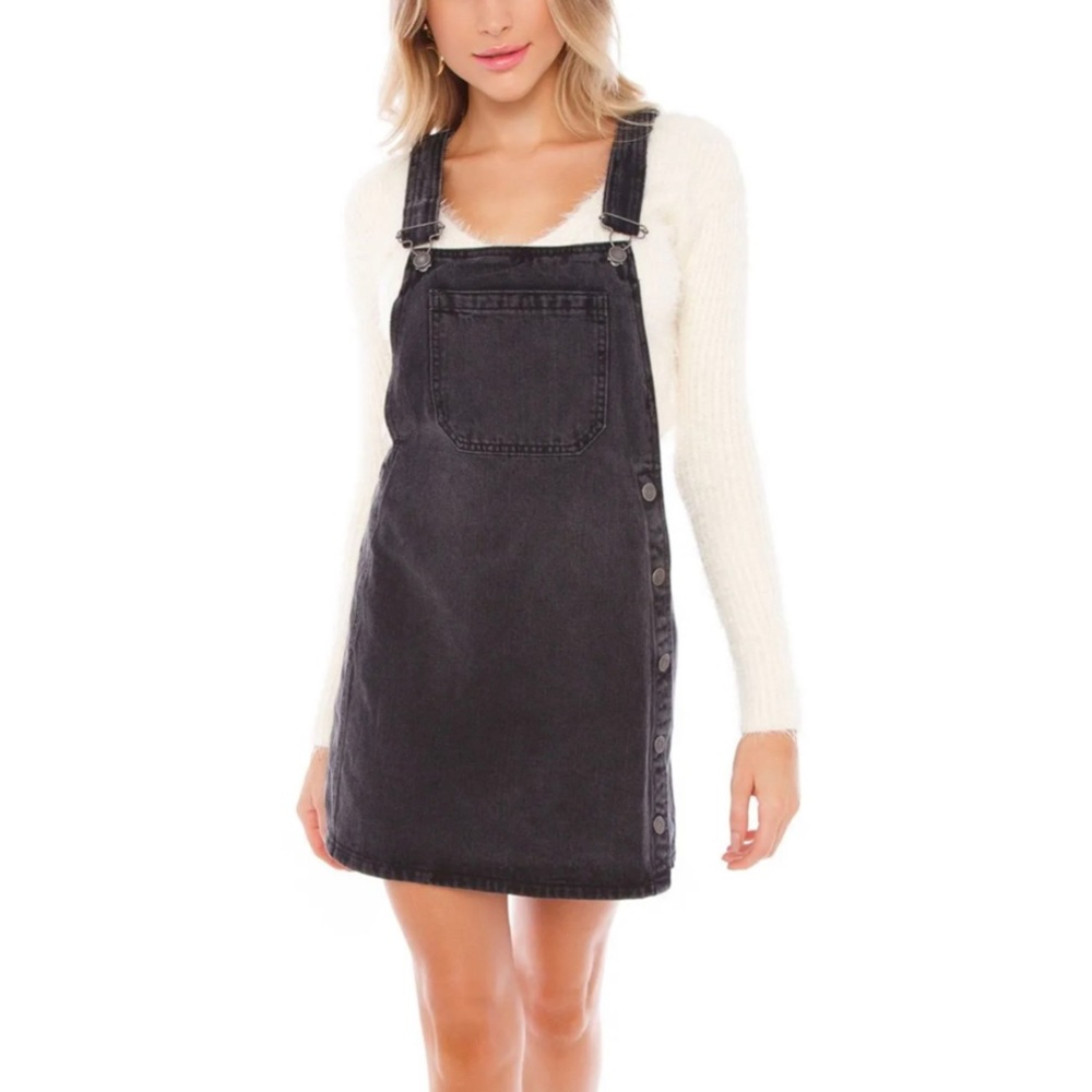 Free People Louise Black Denim Jean Button Side Overall Mini Skirtall